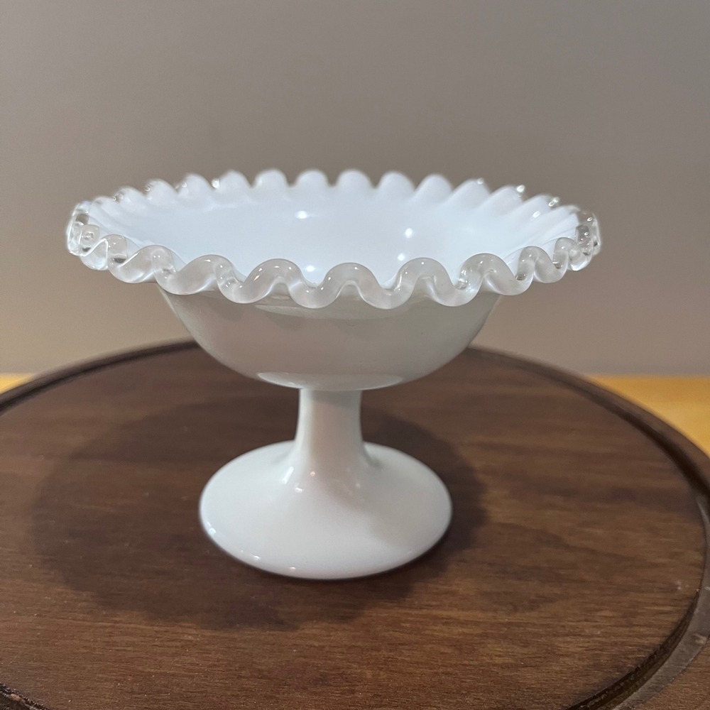 Vtg Fenton Milk Glass Silver Crest Ruffled Pedestal Compote Candy Dish MCM 5.5"